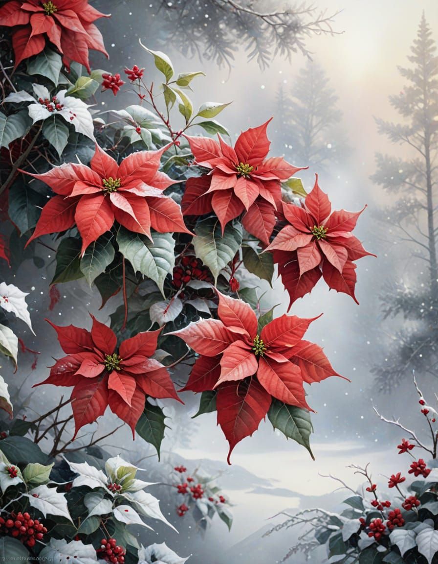 Ethereal Red Poinsettias in Snow