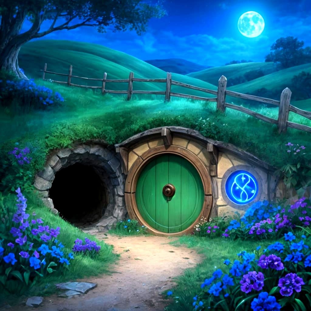 Enchanting Bag End at Night Under a Blue Moon