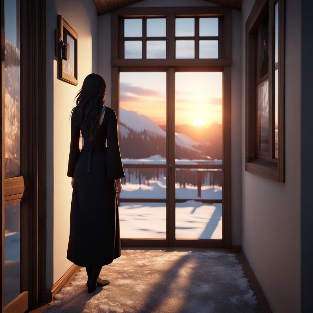 Snowy Sunset View from Hallway: 3D Render