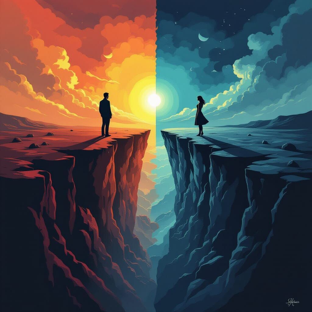 Man and Woman Divided by a Dramatic Earth Chasm