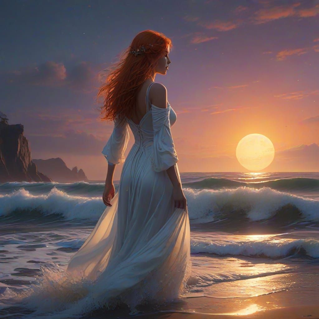 Majestic Flame-Haired Maiden on Lonely Beach Under Starry Sk...