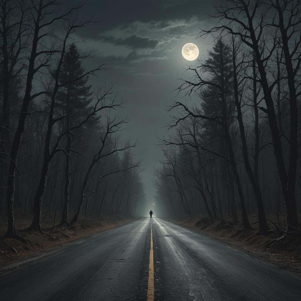 Sinister Road with Demonic Figure in Dark Forest