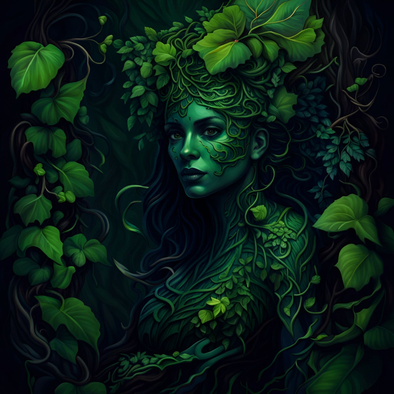 Beautiful Plant Woman in Dark Botanical Garden