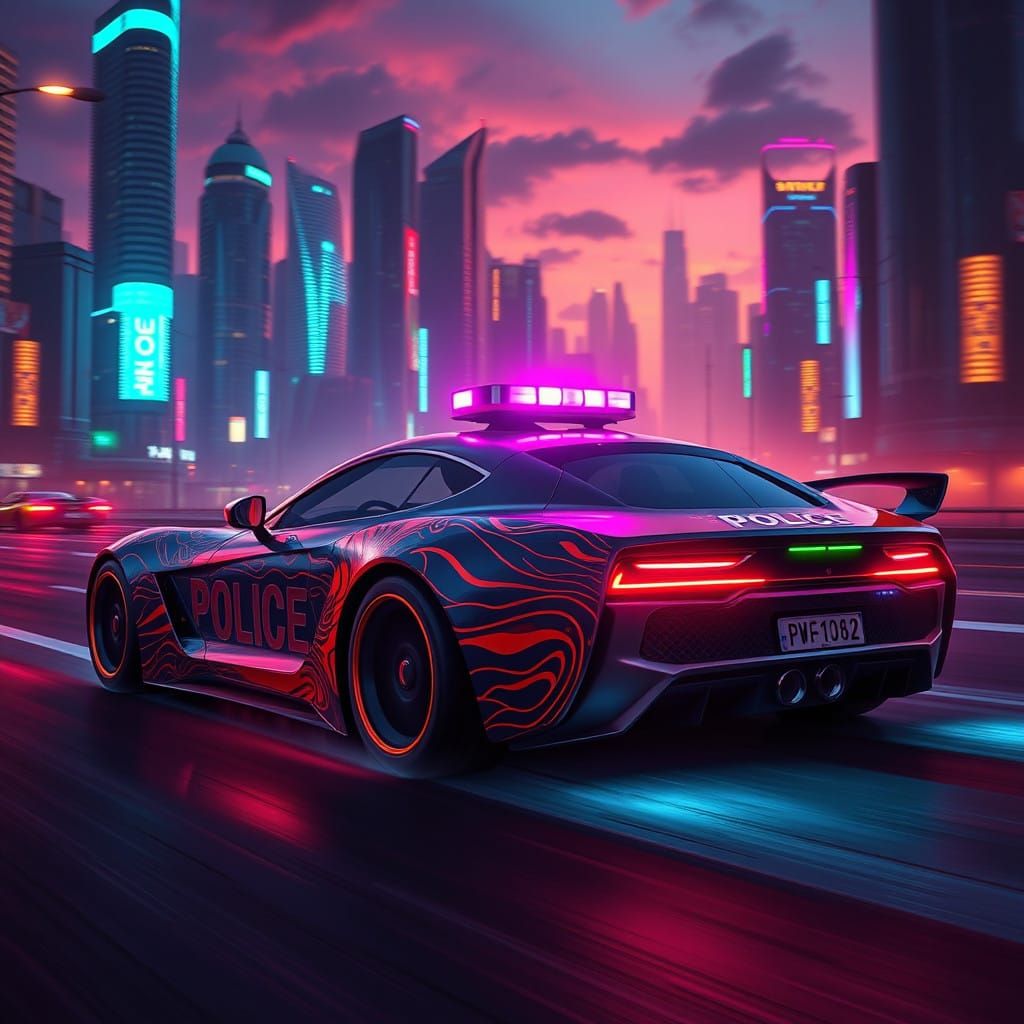 Dystopian Neon Police Car Speeds Through Cityscape