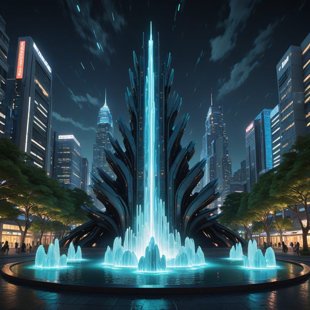 Futuristic Alien Fountain in Cyberpunk Plaza