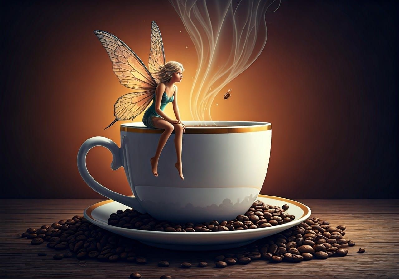 Fairy Smelling Coffee Aroma: Hyperrealistic Splash Art
