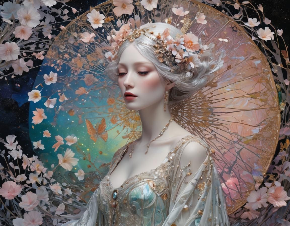 Iridescent Moonlight Nature Scene in Art Nouveau Style