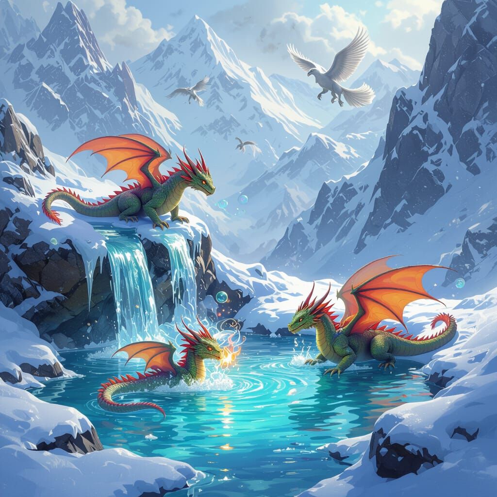 Miniature Dragons Play in Crystal Pool with Waterfall