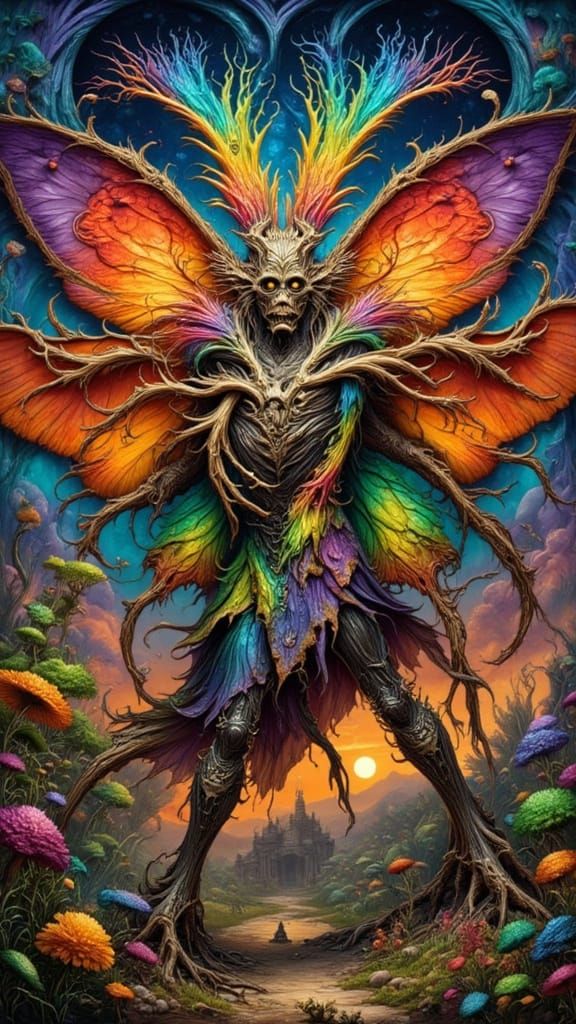 Surreal Man as Moth in Rainbow Lightning Landscape