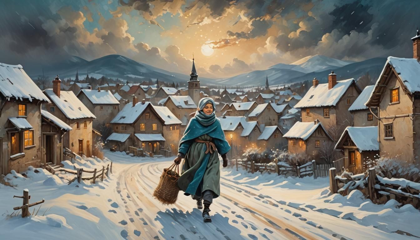 Old Woman Chasing Clouds in Winter Village