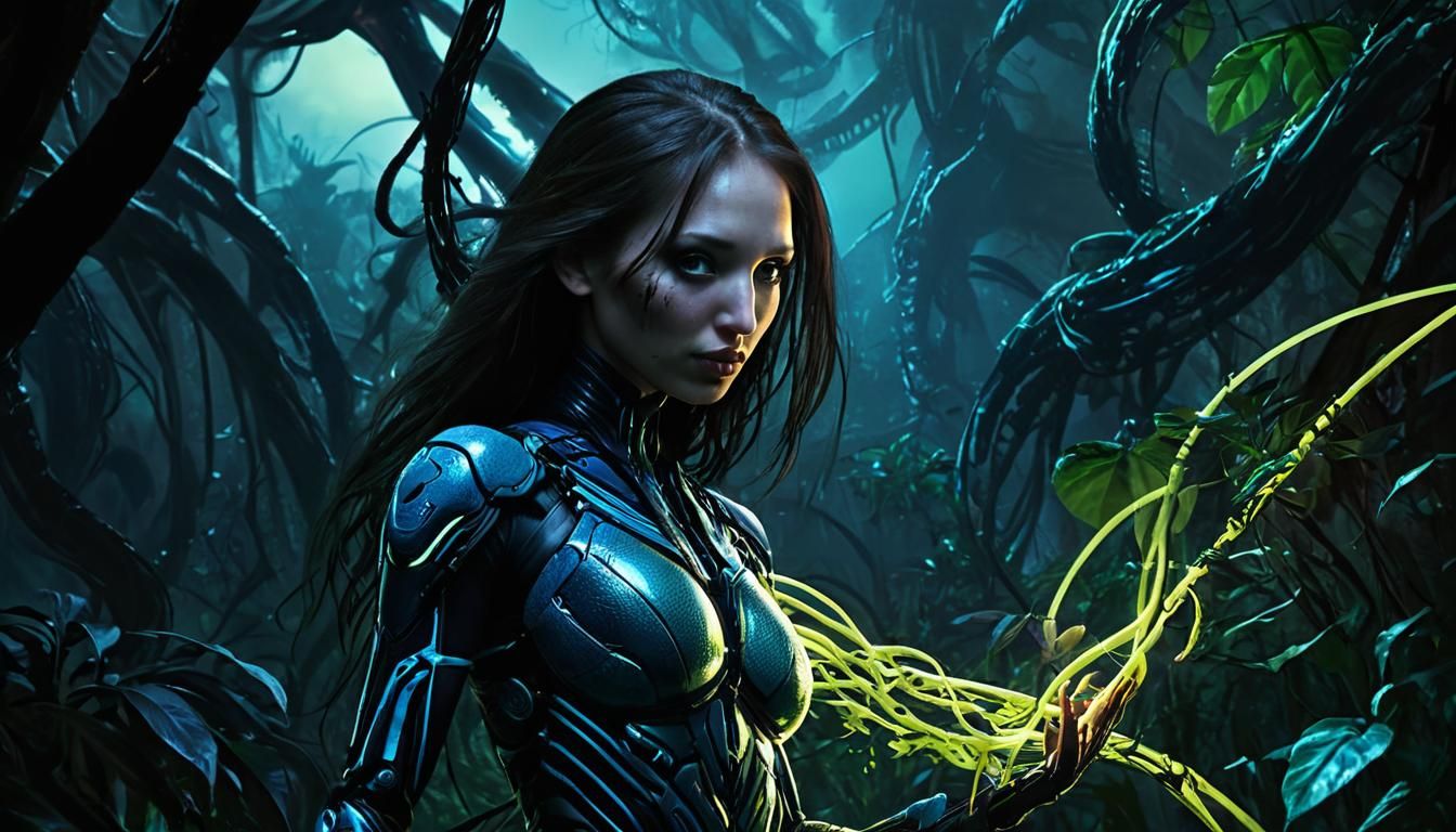 Girl Lost in Bioluminescent Jungle Digital Painting