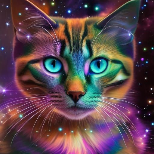 Cosmic Cat in Starry Garden: Hyperdetailed Concept Art