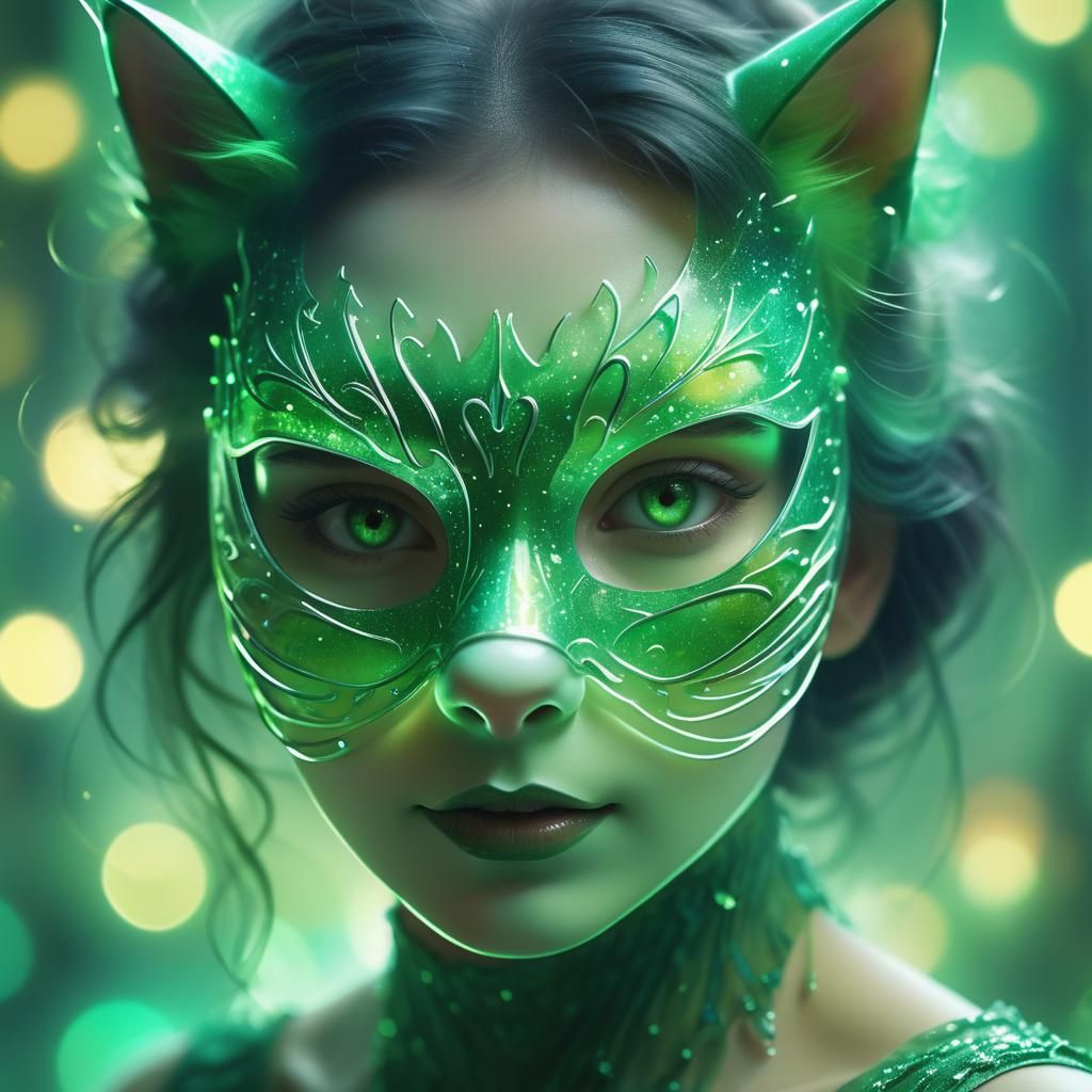 Ethereal Woman in Green Mask: A Surreal Digital Painting