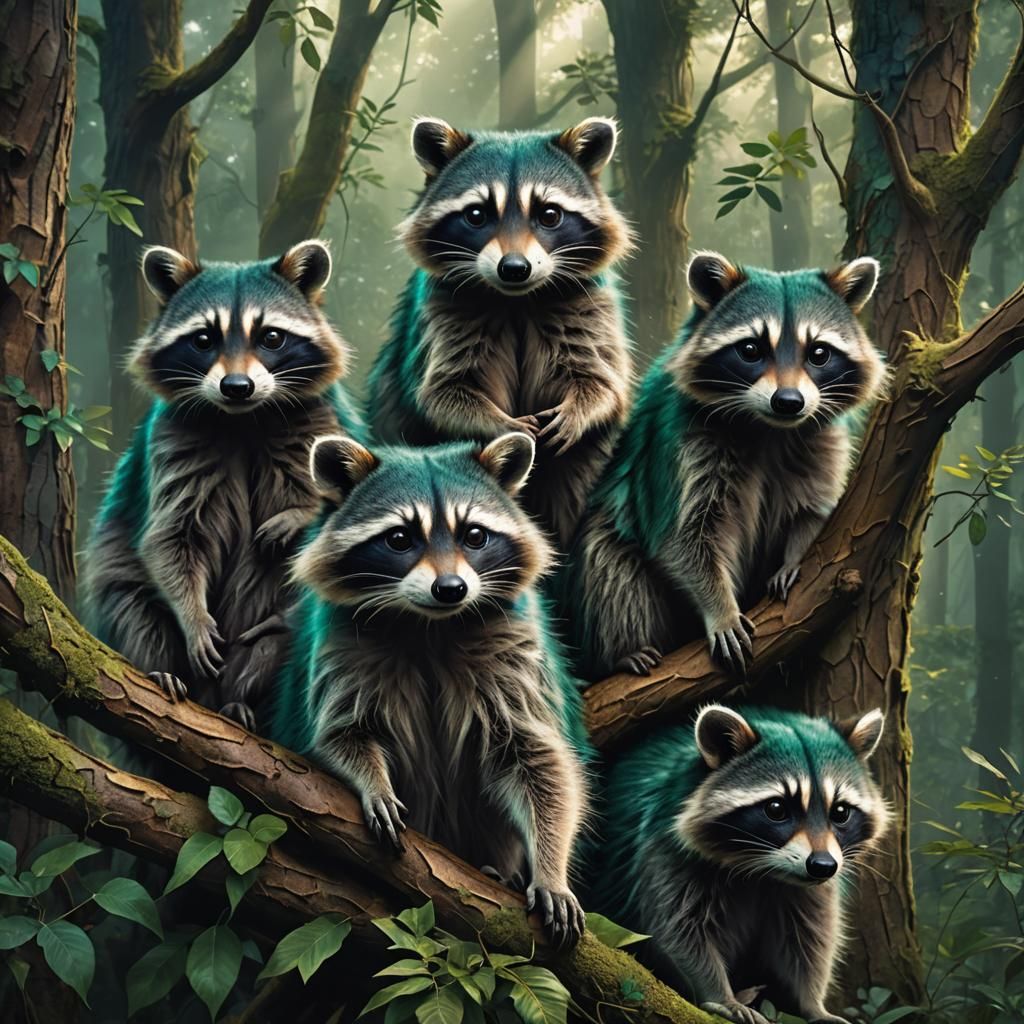 Emerald Raccoons in Lush Forest, Magic Realism