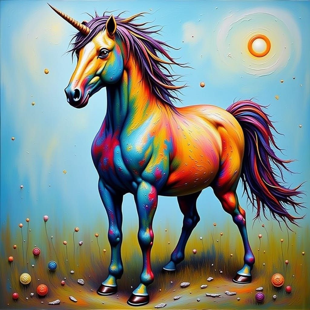 Impasto Unicorn with Rainbow Mane in Dreamy Landscape
