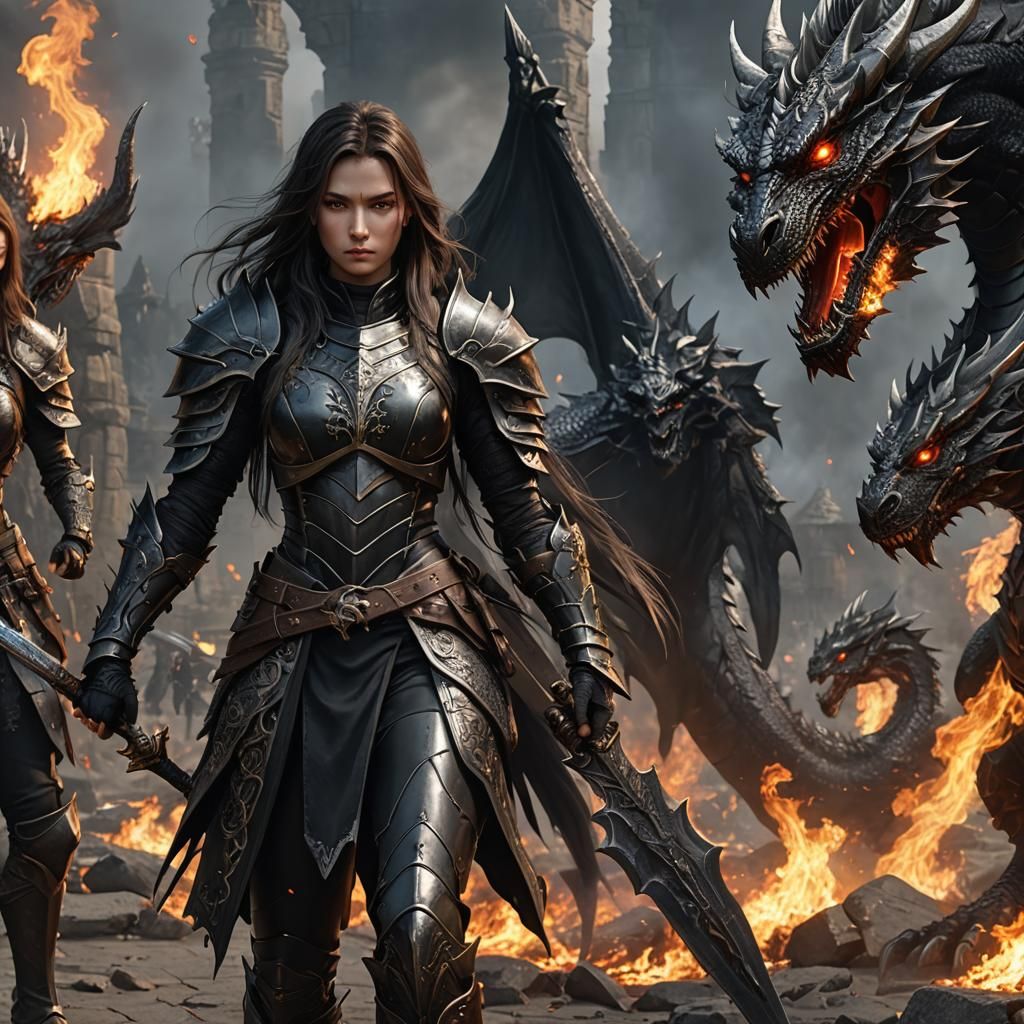 Armored Woman with Fire Sword in Hyperrealistic Style