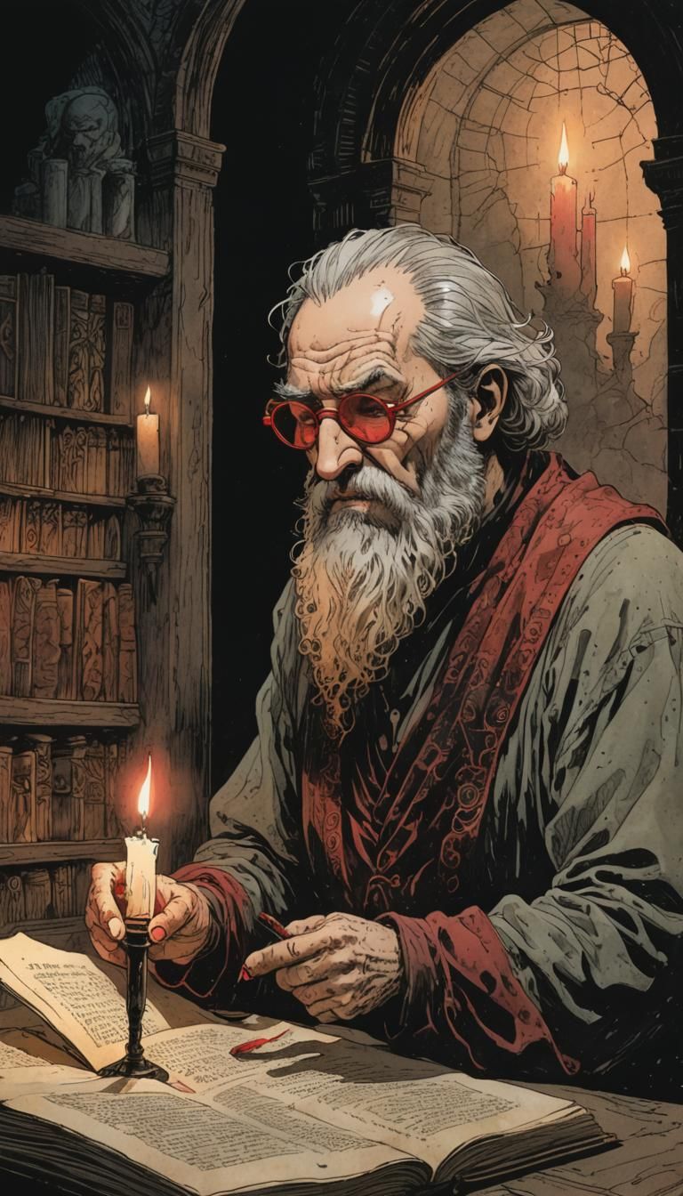 Eerie Chamber: Old Man and Ancient Tome in Comic Art