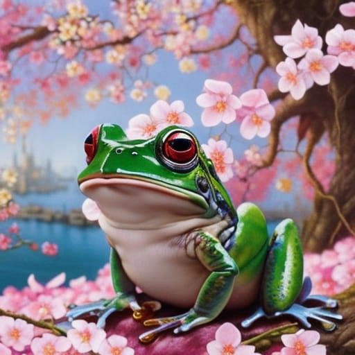 Chibi Frog Portrait with Cherry Blossoms in Rococo Style