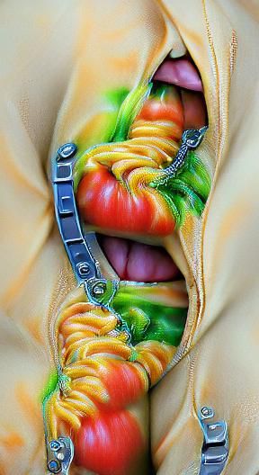 Zipped Mouth Vegetable Tsunami in Hyperrealistic Art Deco