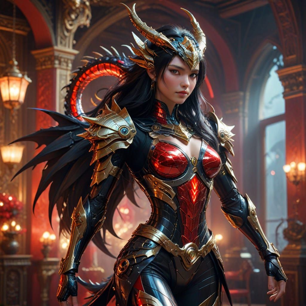 Elegant Animated Character with Mech-Dragon in Opulent Room