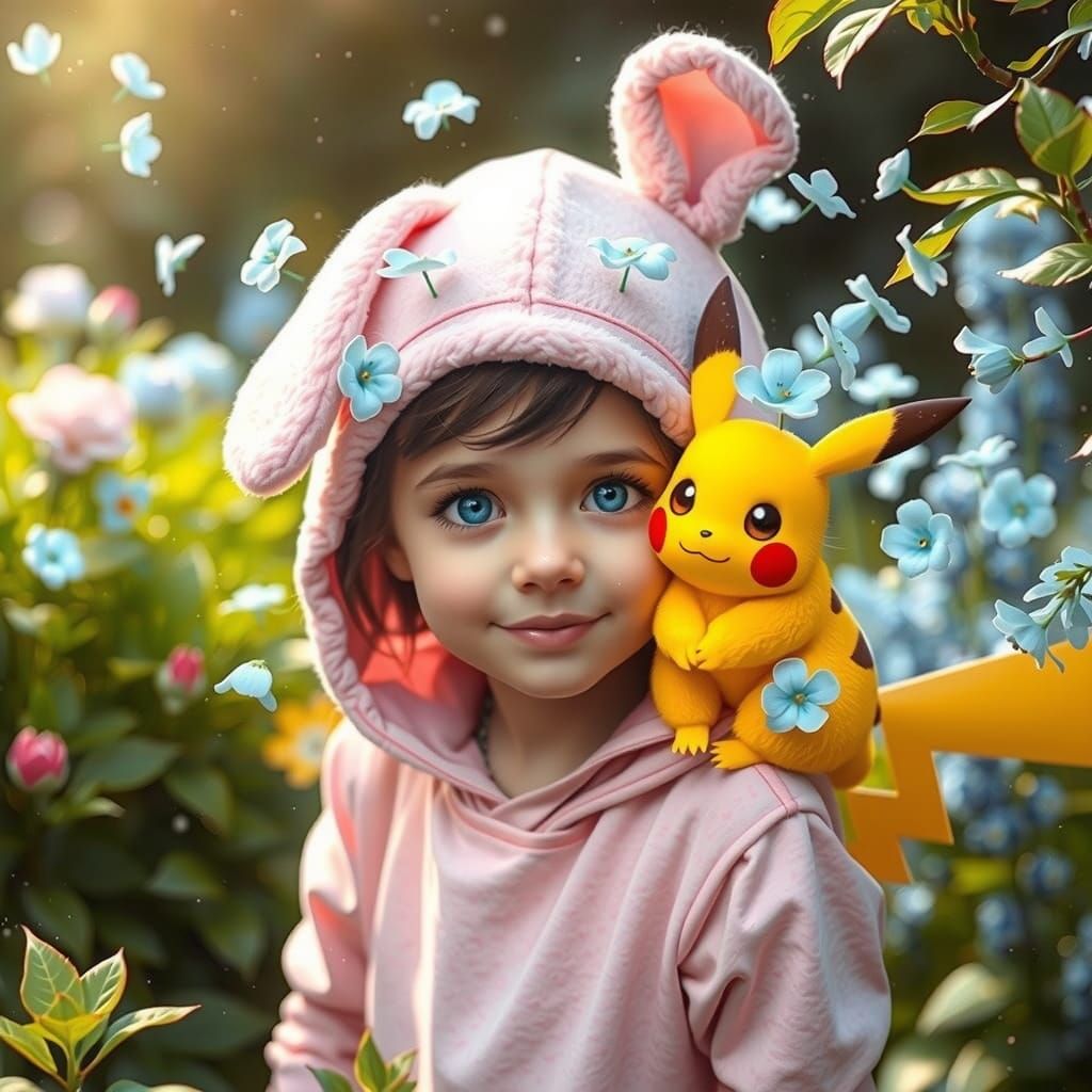 Girl in Whimsical Garden with Pikachu Companion