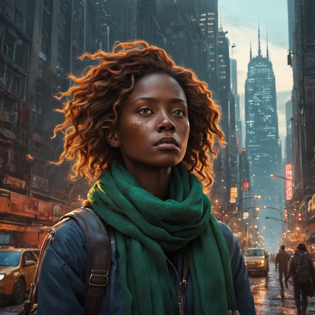 Woman Surrounded by City Chaos and Mental Turmoil