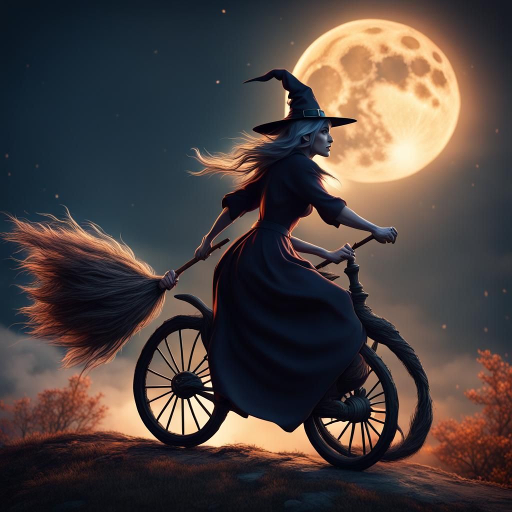 Fantasy Witch Rides Broom Under Full Moon