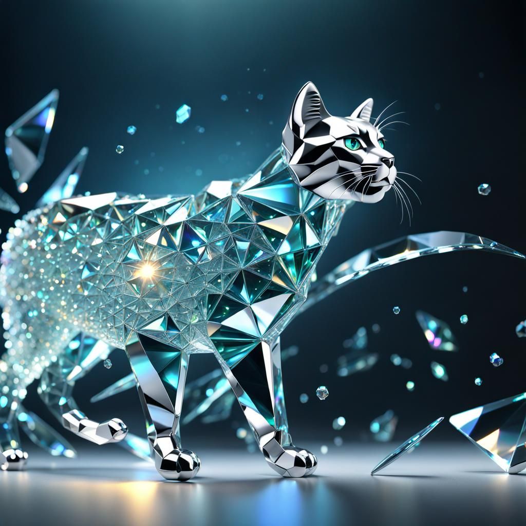 Crystal Glass Cat with Iridescent Scales in 3D