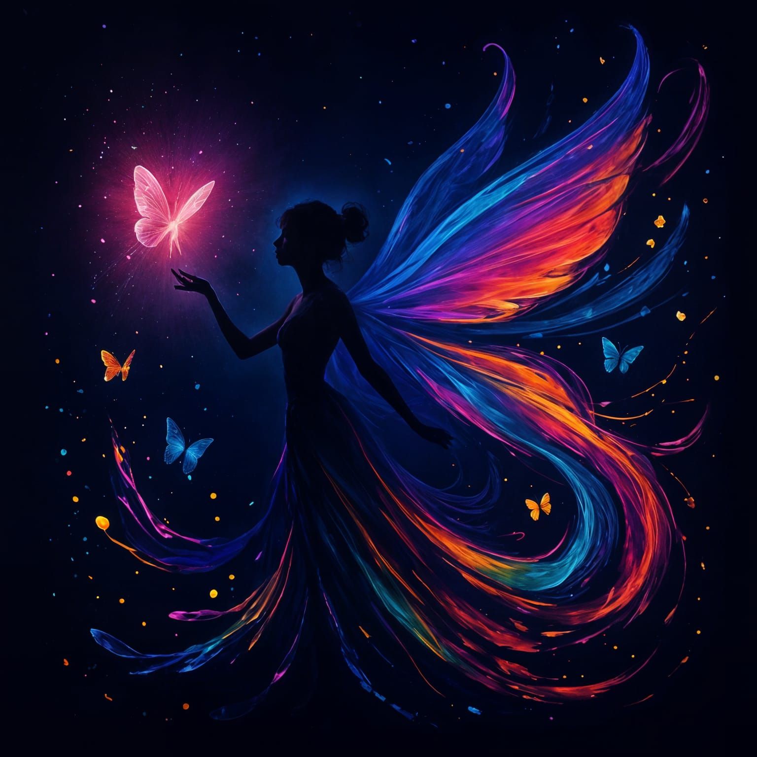 Graceful Fairy Silhouette with Luminous Butterflies