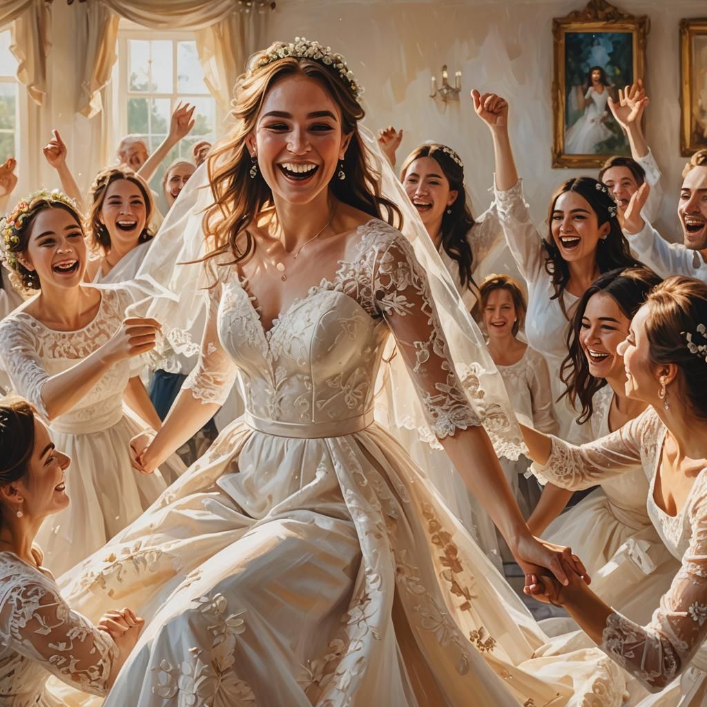 Joyful Bride Lifted in Celebration as Oil Painting