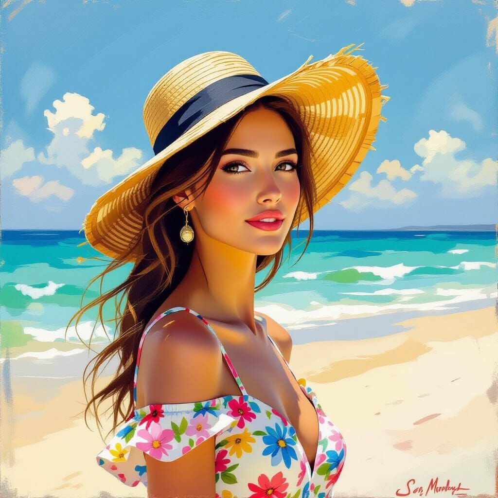 Woman on Beach in Impressionist Oil Painting Style