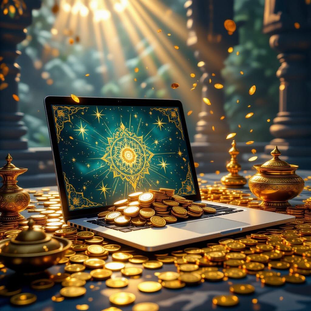 Dhanteras Digital Art: Laptop, Gold, and Prosperity