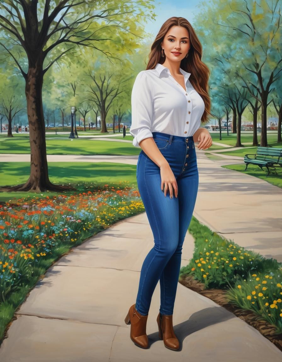 Curvy Businesswoman in Jeans Walking in Spring Park