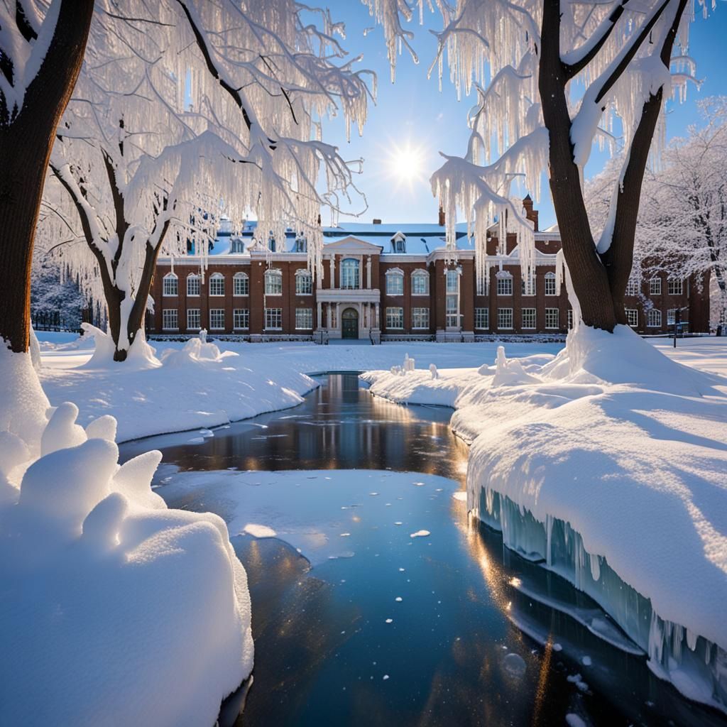 Winter Campus Covered in Snow and Ice