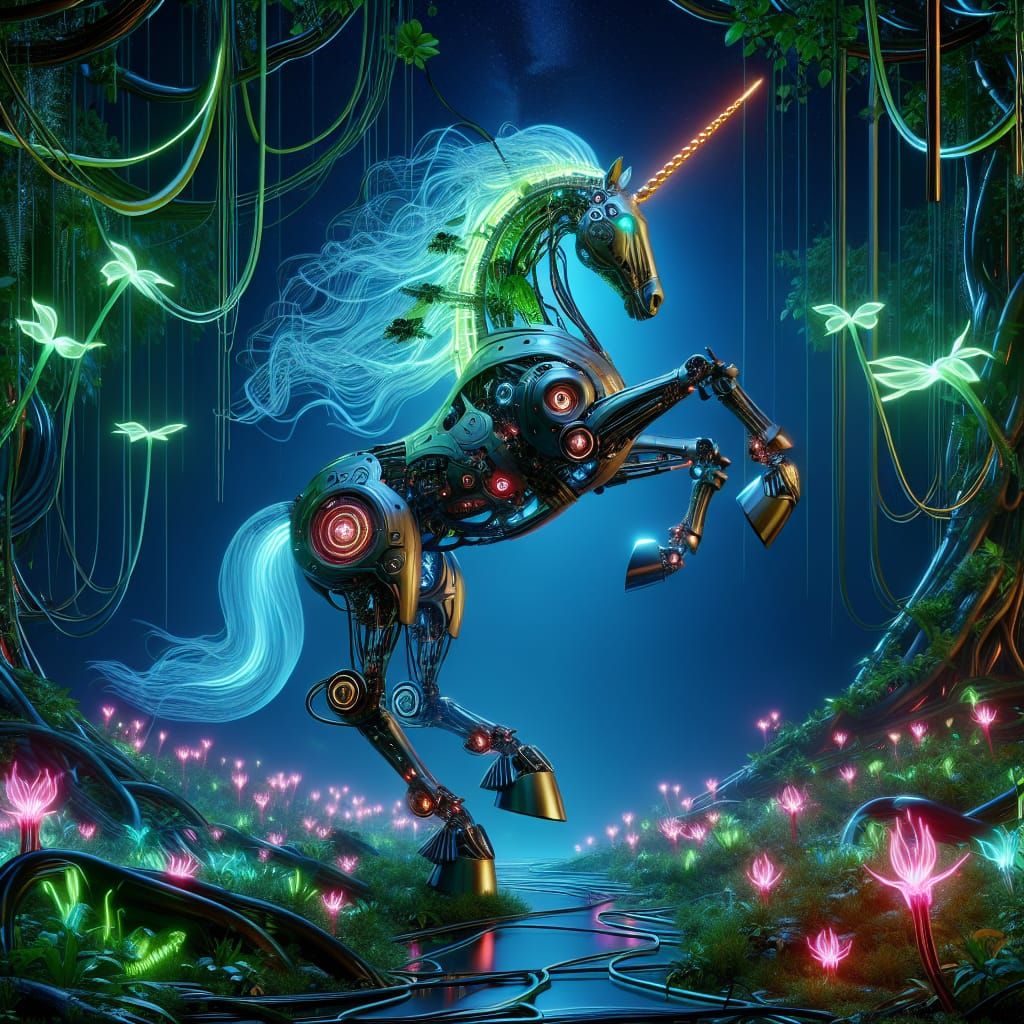 Bioengineered Unicorn Dancing in Bioluminescent Jungle