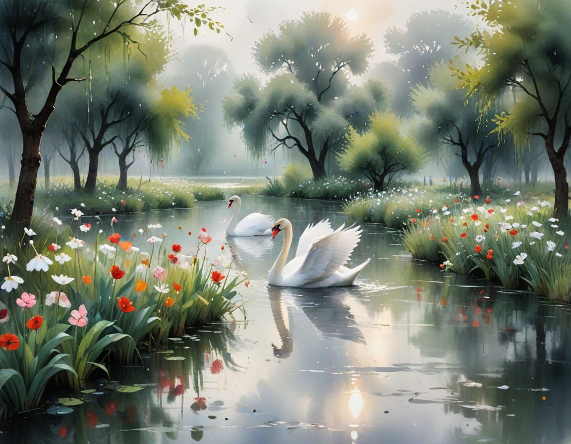 Swans Gliding Through Orchard Pond: Watercolour Painting