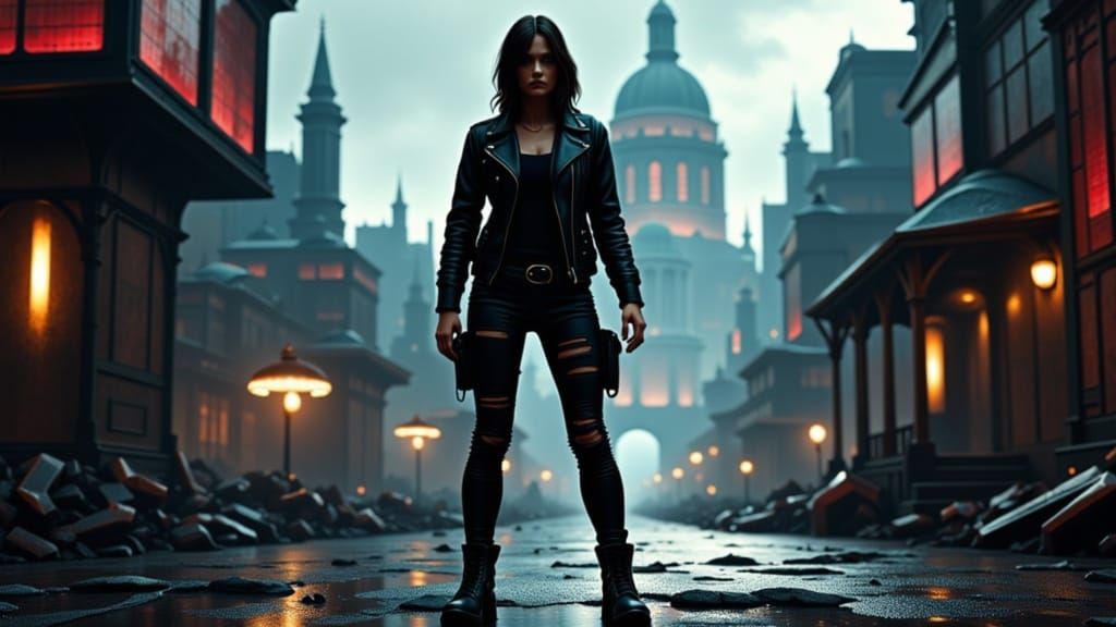 Dark Alice in Post-Apocalyptic Cityscape, Cyberpunk Style