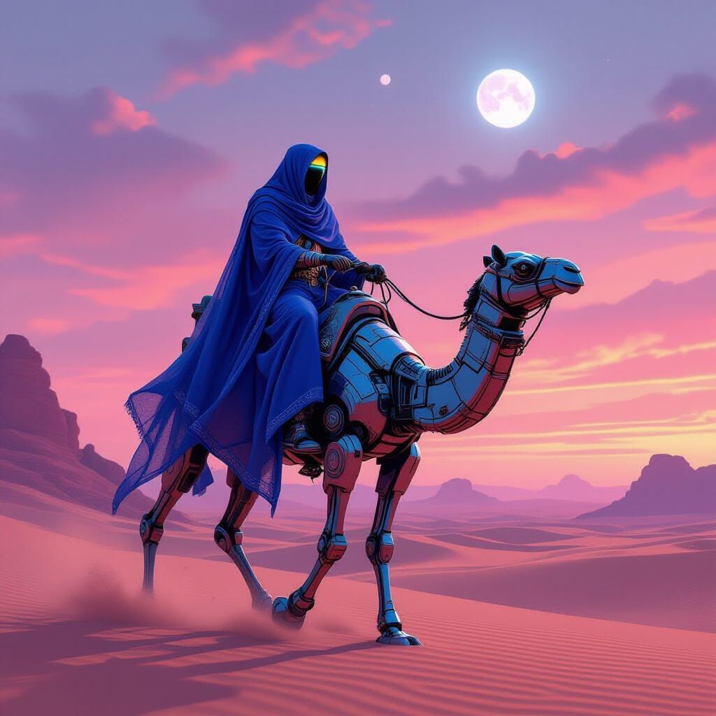 Futuristic Warrior Rides Robot Camel Under Alien Sunset