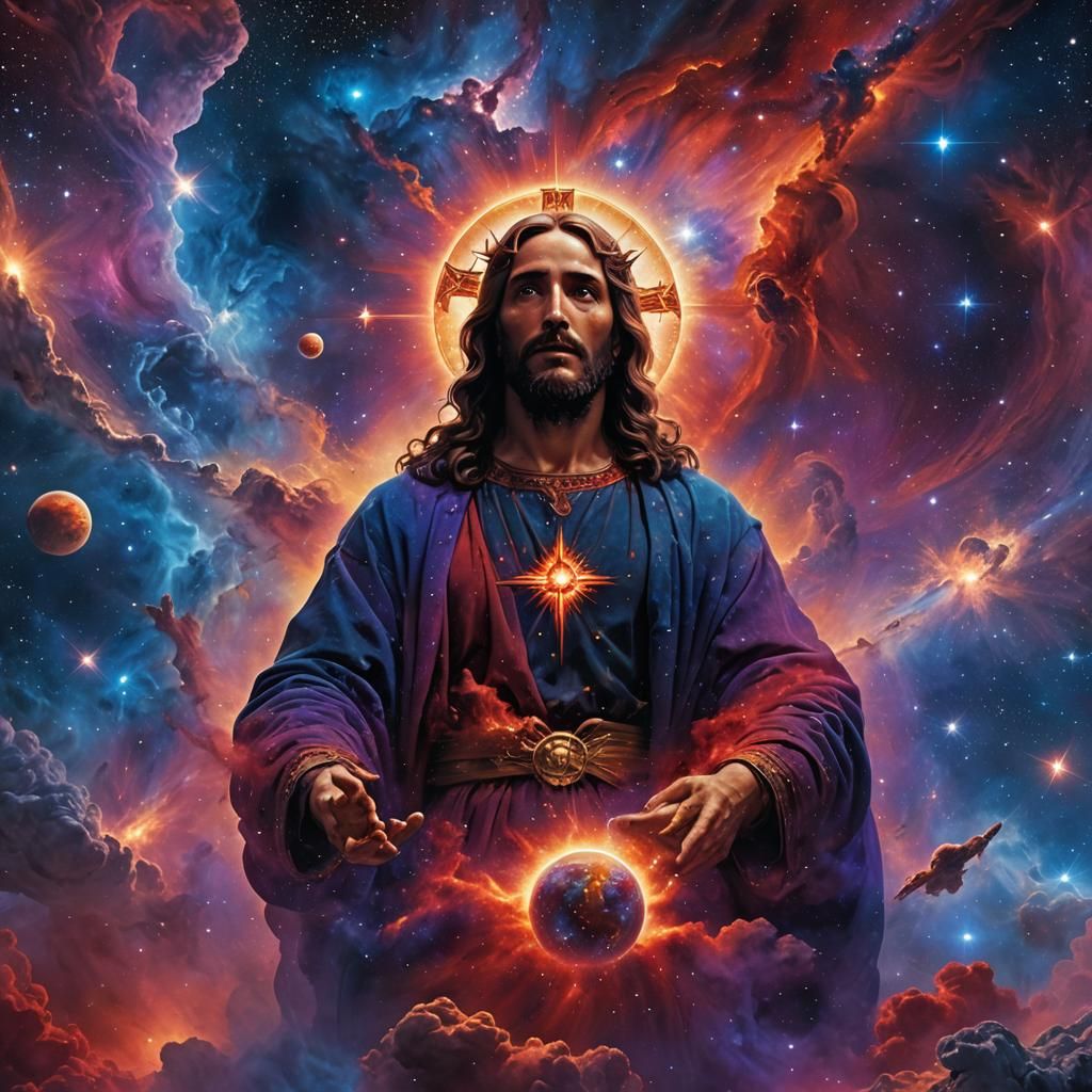 Apocalyptic Cosmic Landscape with Jesus in Nebula