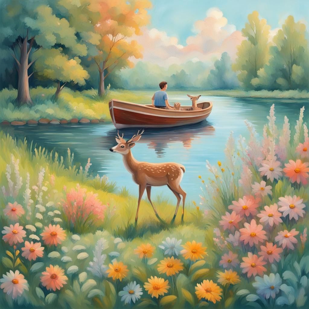 River Scene: Boat, Steamer, Boy and Deer in Gouache