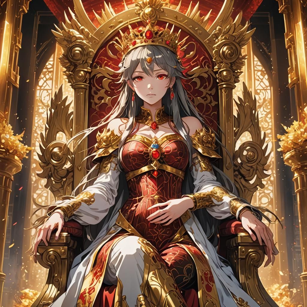 Pregnant Anime Queen in Golden Throne Room