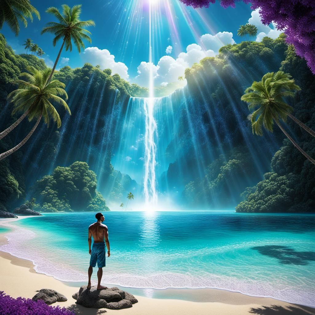 Man in Awe of Amethyst Planet on Tropical Beach