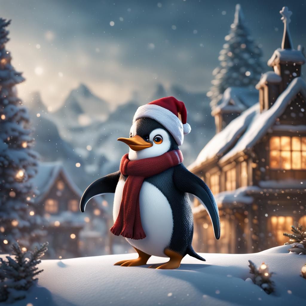 Penguin's Christmas Celebration: Detailed Fantasy Art