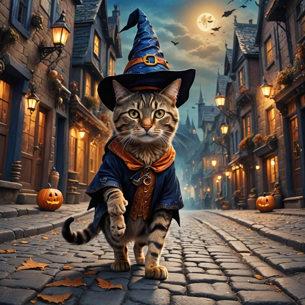 Halloween Cat Walking Down Cobblestone Street