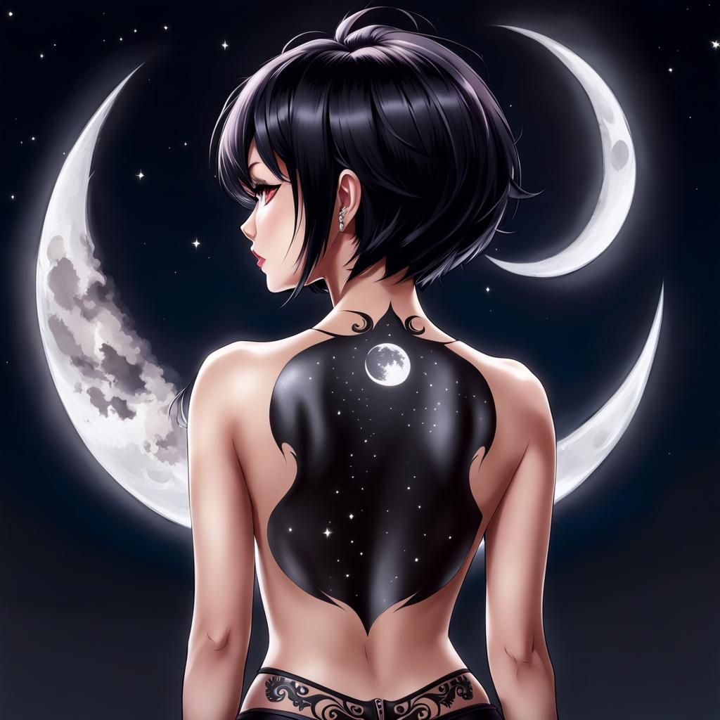 Anime Woman with Moon Tattoo Digital Art