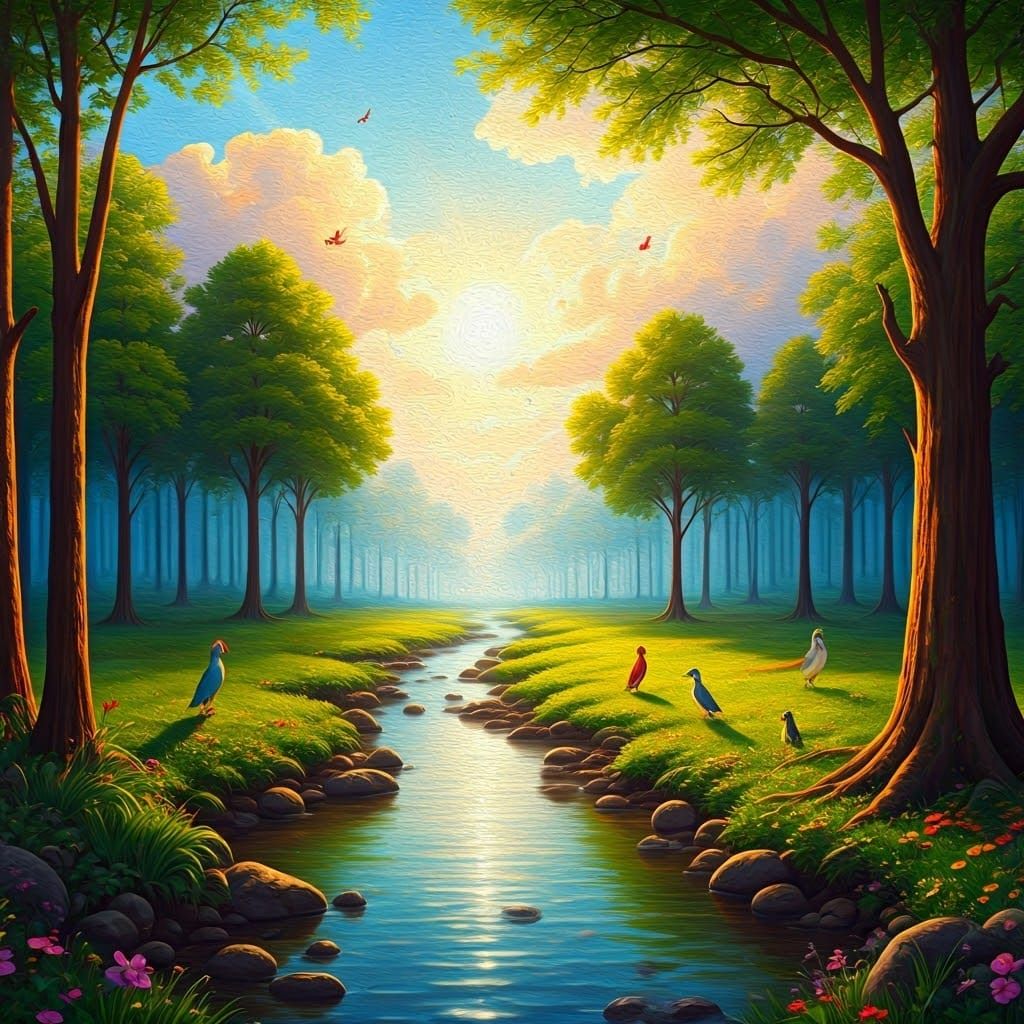 Surreal Summer Landscape with Colorful Birds, Dali Style
