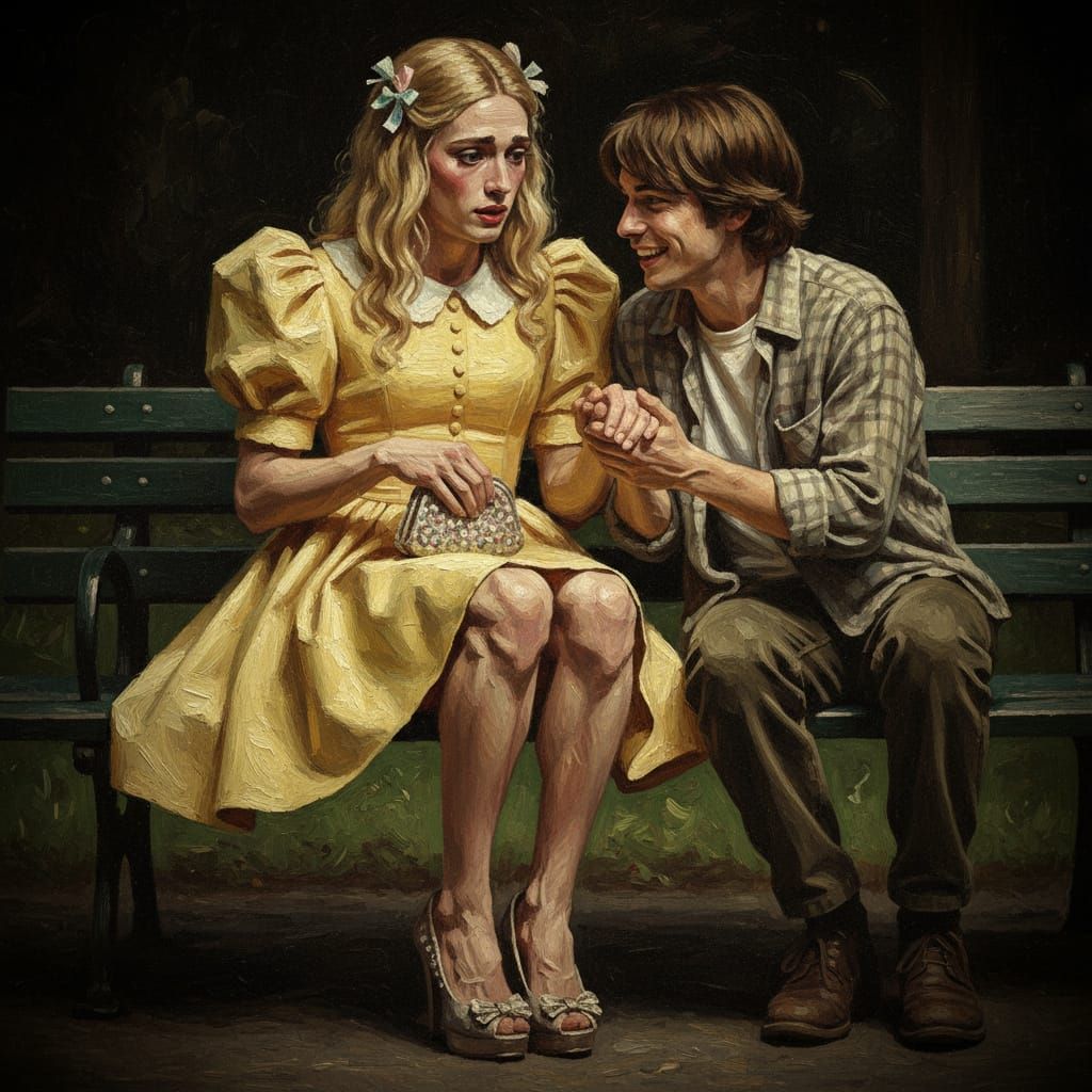 Androgynous Man in Dress with Friend, Cinematic Oil Painting