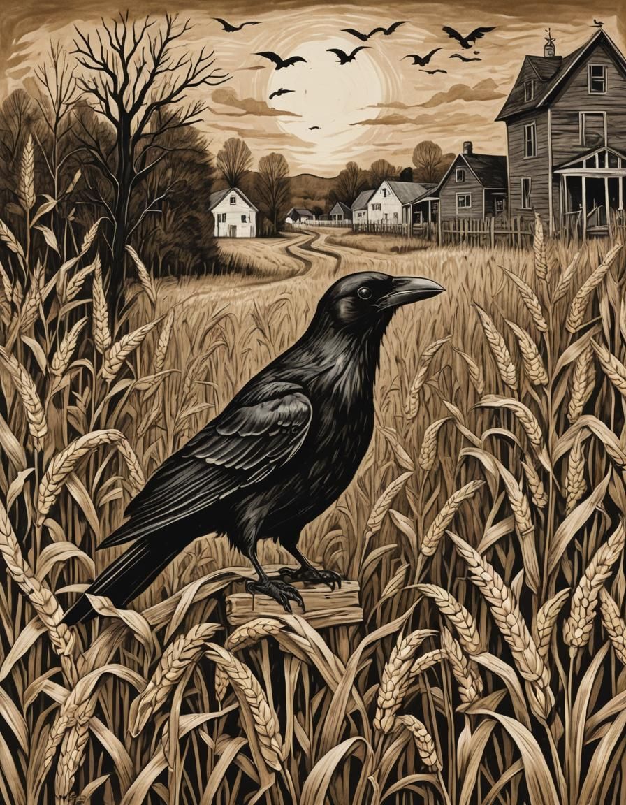 Eerie Folk Art Woodcut: Crow and Wheat Farm