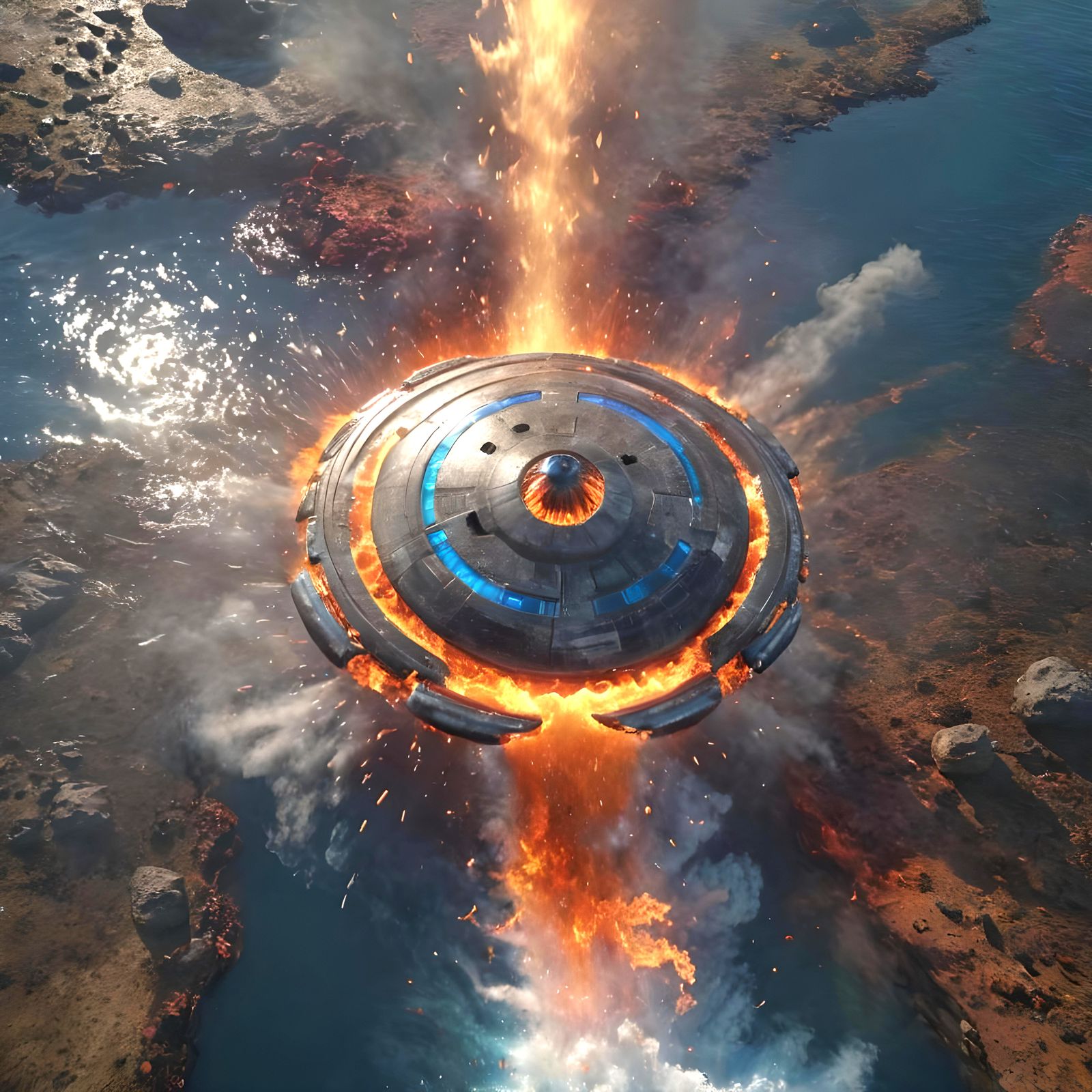 Enormous UFO Ascends in Fiery Display, 8K 3D