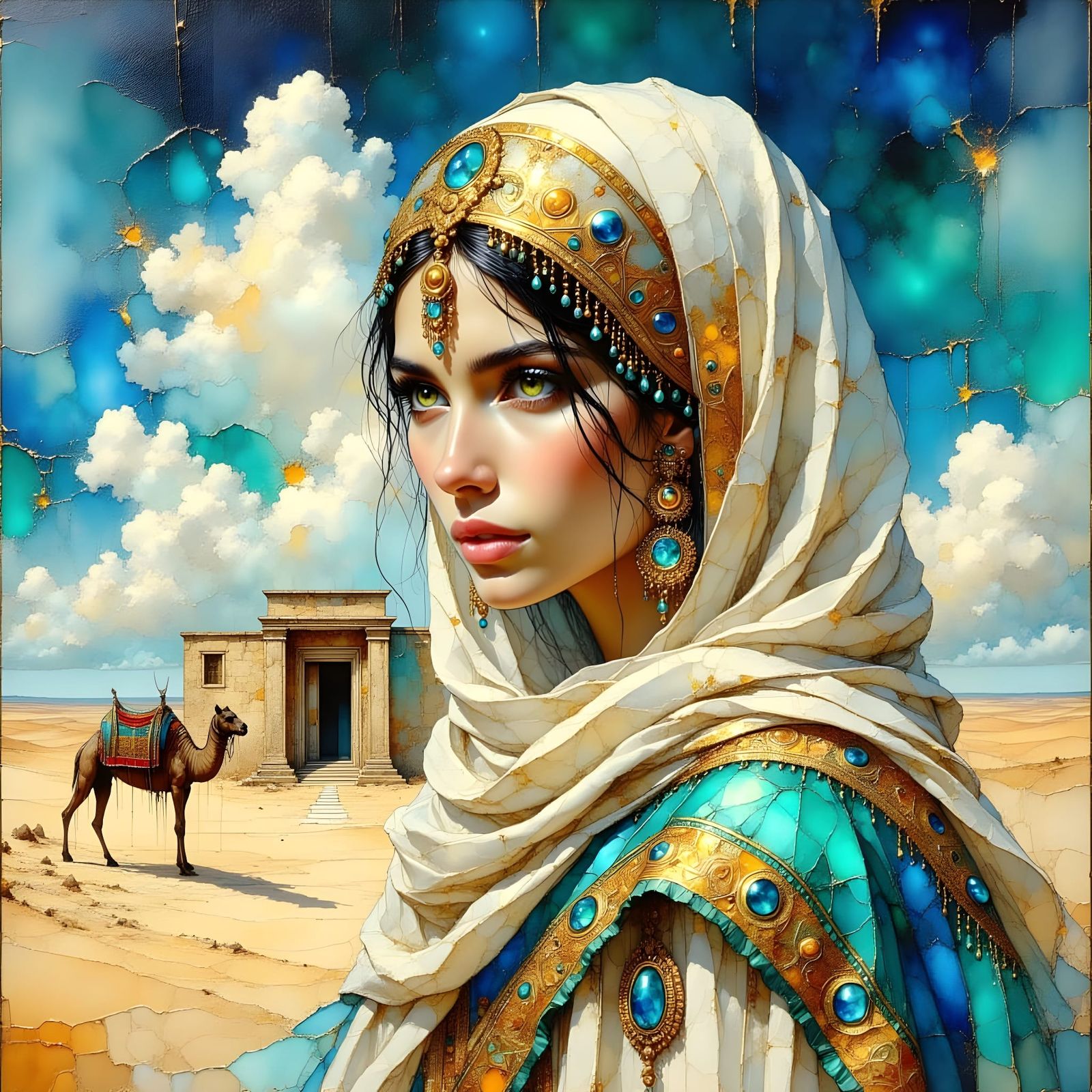 Arabian Princess in Windswept Desert Courtyard
